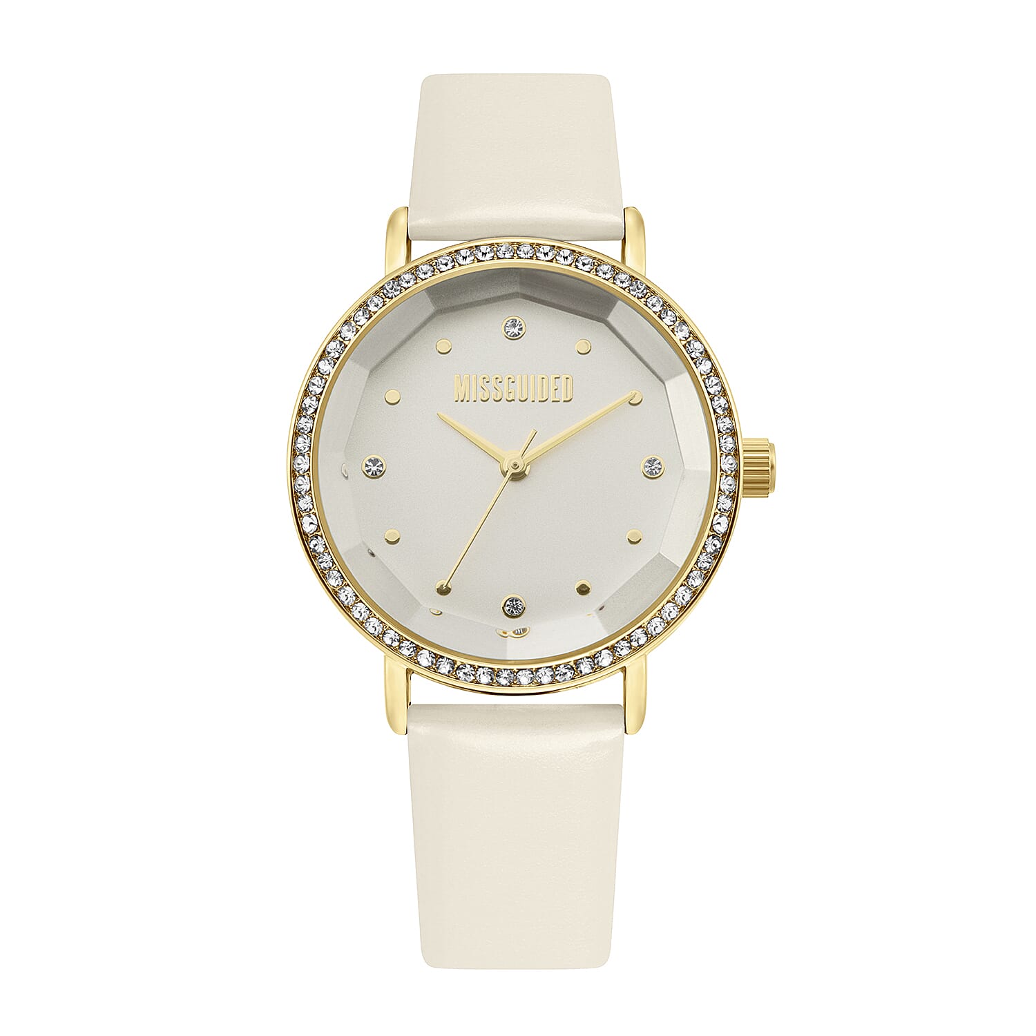 MISSGUIDED Watch with Gold Case, Stone Set Bezel, Round White Dial and White Strap