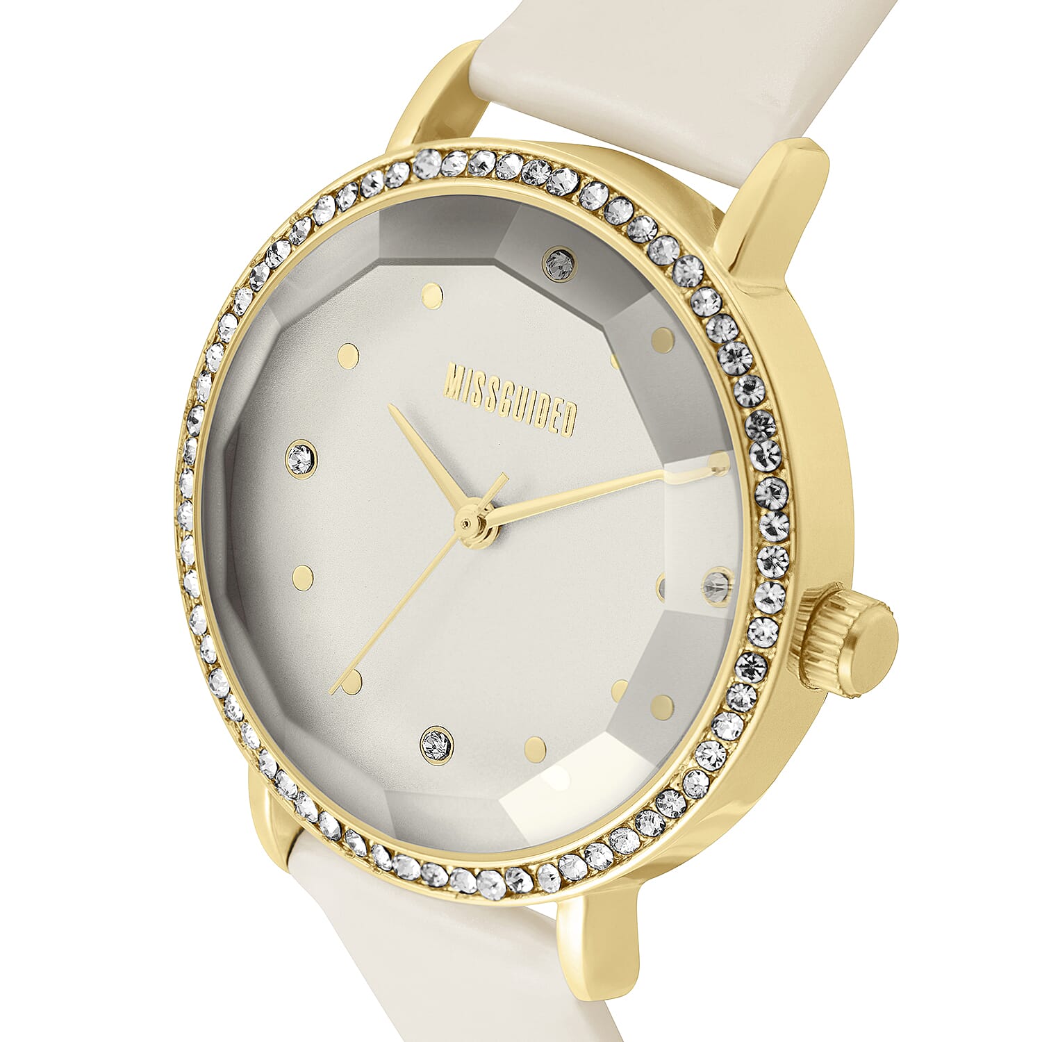 MISSGUIDED Watch with Gold Case, Stone Set Bezel, Round White Dial and White Strap