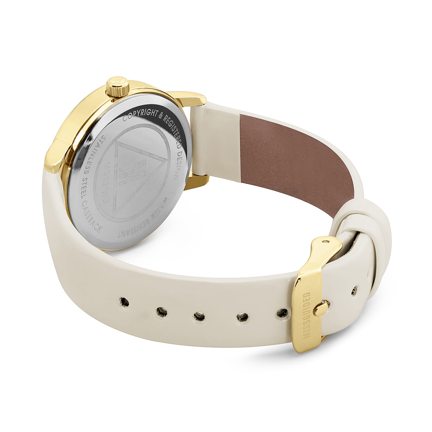 MISSGUIDED Watch with Gold Case, Stone Set Bezel, Round White Dial and White Strap