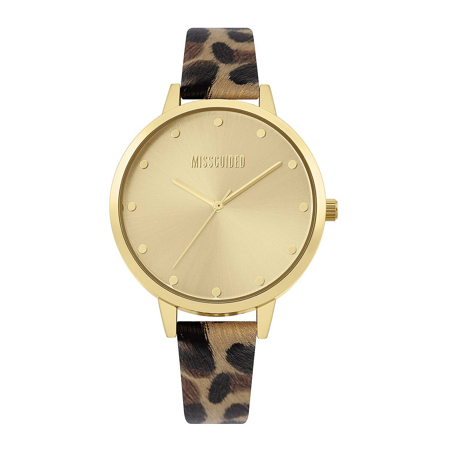 MISSGUIDED Watch with Gold Case, Round Pale Gold Sunray Dial and Leopard Print Strap