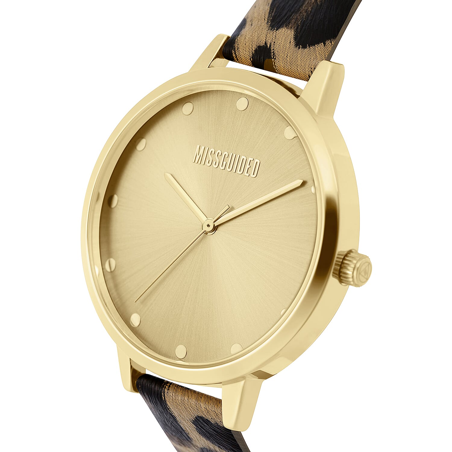 MISSGUIDED Watch with Gold Case, Round Pale Gold Sunray Dial and Leopard Print Strap