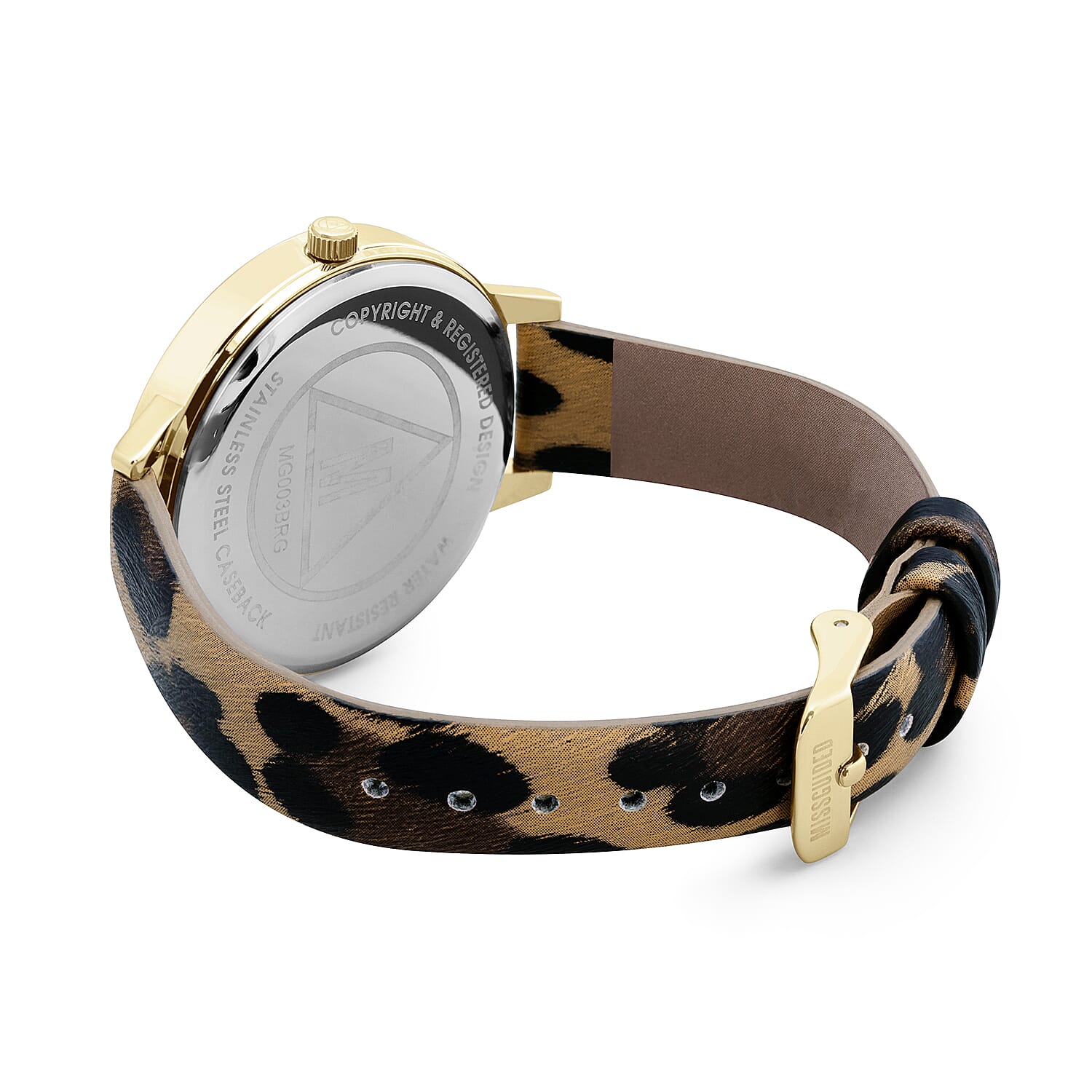 MISSGUIDED Watch with Gold Case, Round Pale Gold Sunray Dial and Leopard Print Strap