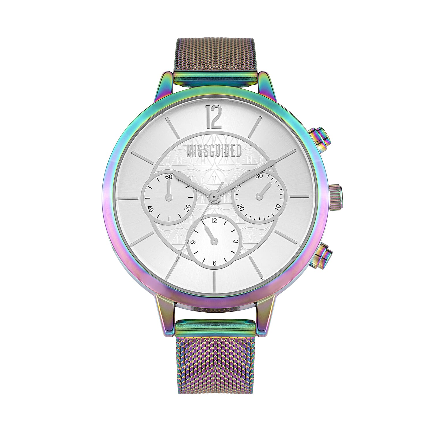 MISSGUIDED Watch with Irridescent Case, Round Pale Silver Sunray Dial and Iridescent Mesh Strap