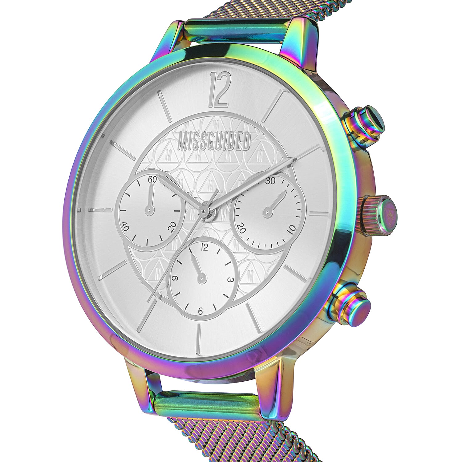 MISSGUIDED Watch with Irridescent Case, Round Pale Silver Sunray Dial and Iridescent Mesh Strap