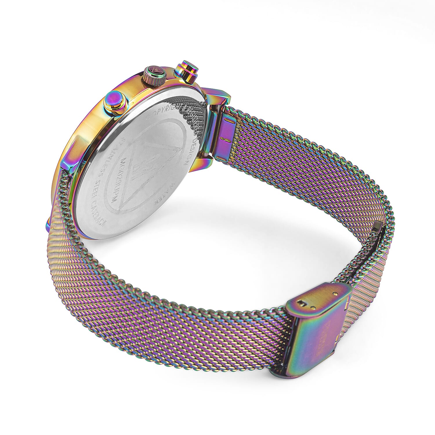MISSGUIDED Watch with Irridescent Case, Round Pale Silver Sunray Dial and Iridescent Mesh Strap