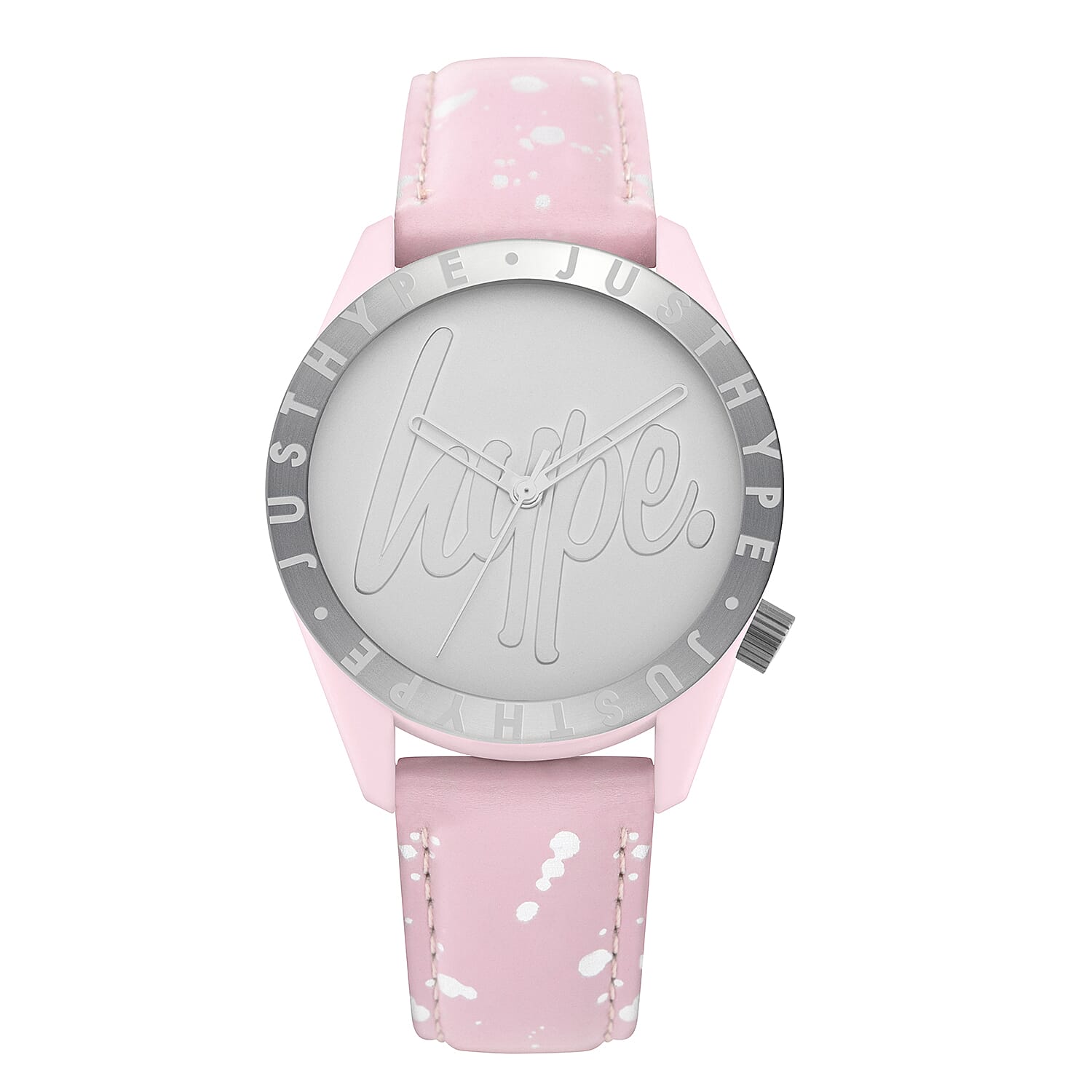 Hype Ladies Watch with Silver Bezel, Satin Silver Dial and Pink Strap with Silver Paint Splatter
