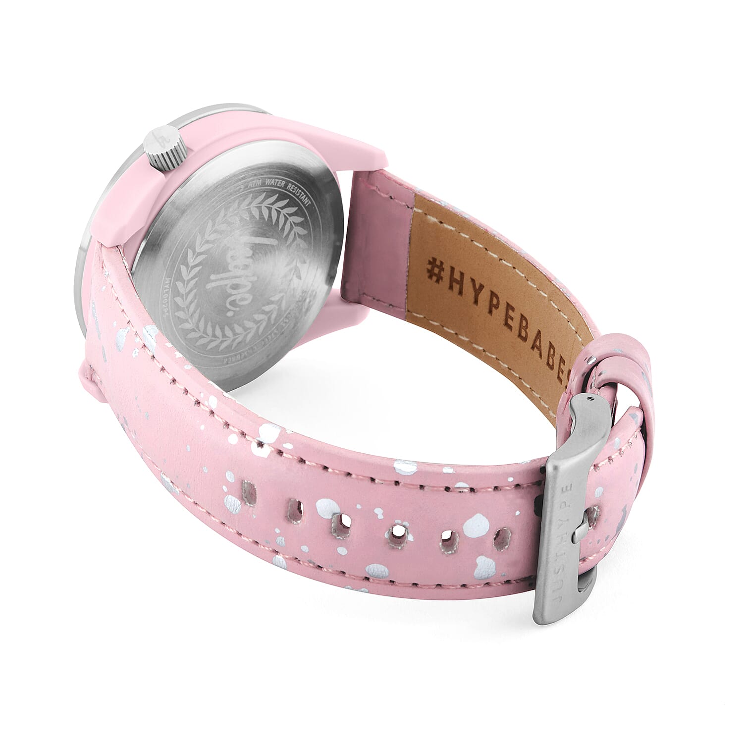 Hype Ladies Watch with Silver Bezel, Satin Silver Dial and Pink Strap with Silver Paint Splatter