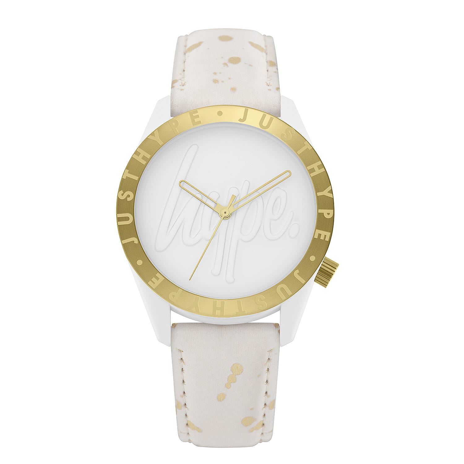 Hype Ladies Watch with White and Gold Paint Effect Strap, White Case, Gold Bezel and White Dial