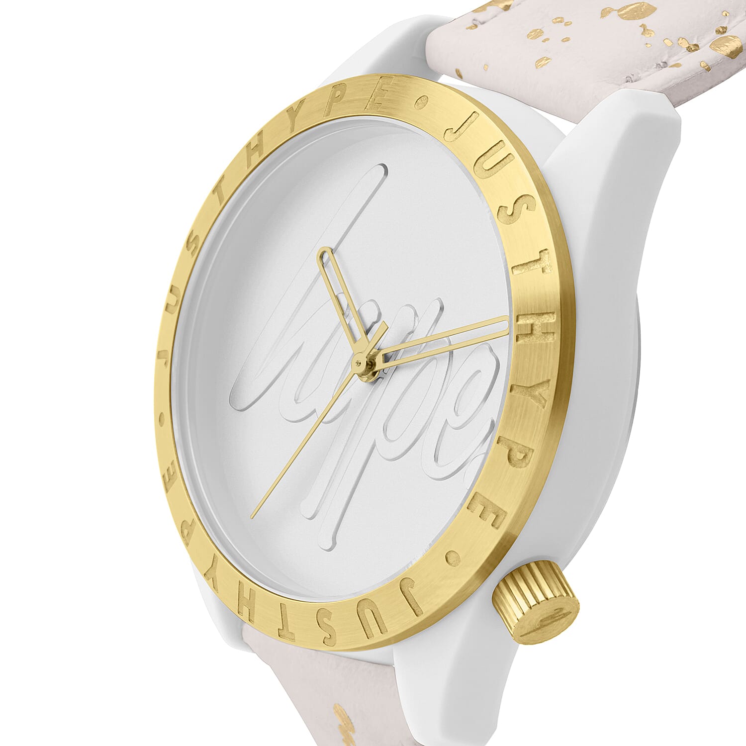 Hype Ladies Watch with White and Gold Paint Effect Strap, White Case, Gold Bezel and White Dial