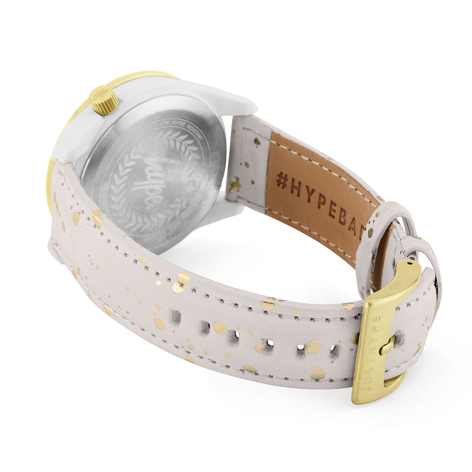 Hype Ladies Watch with White and Gold Paint Effect Strap, White Case, Gold Bezel and White Dial