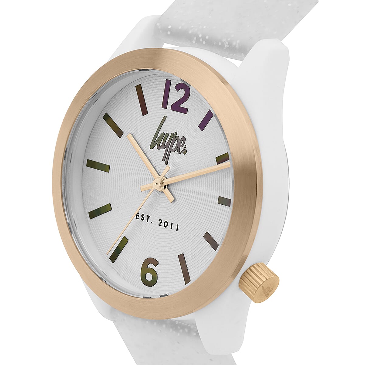 Hype Ladies Watch with White Glitter Silicone Strap, Silver Dial and Rose Gold Bezel