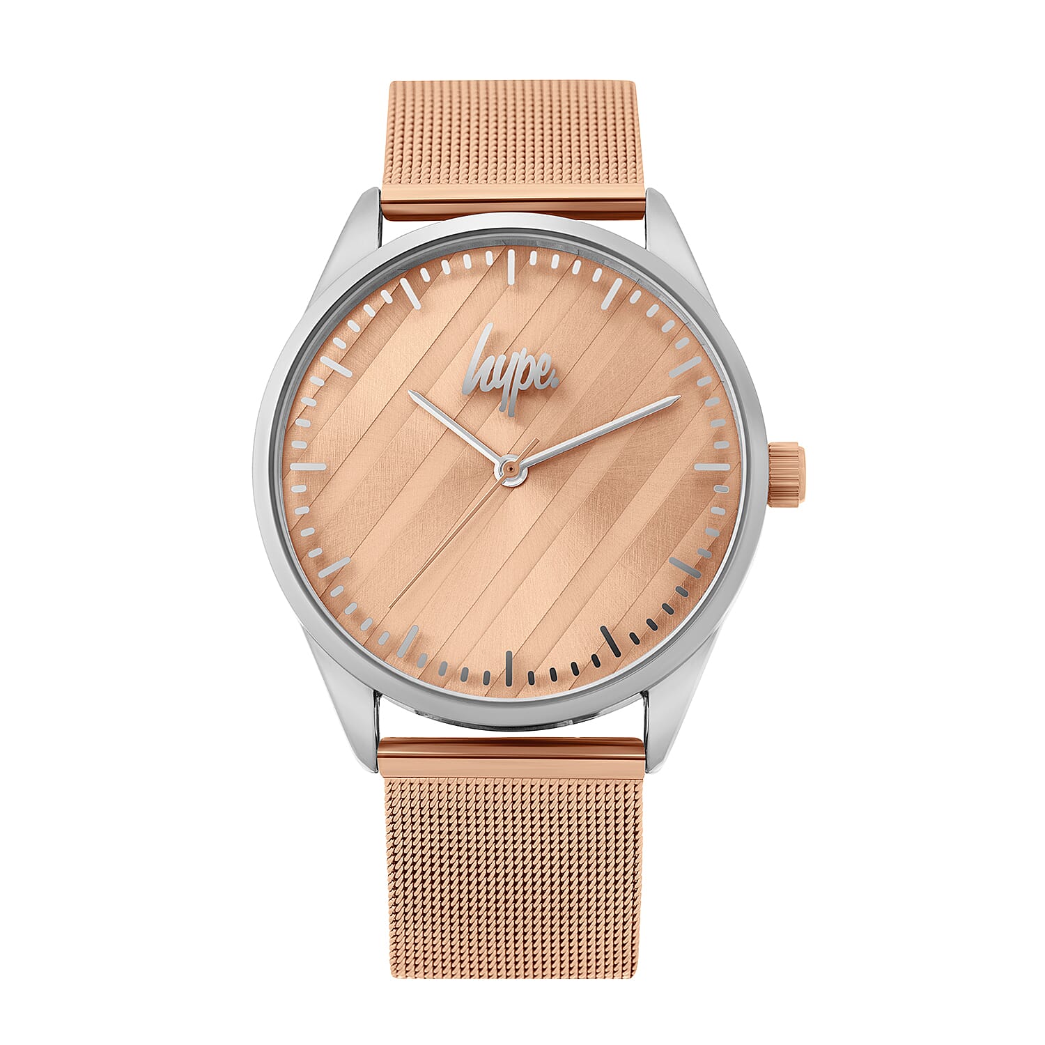 Hype Ladies Watch with Silver Case, Pale Rose Matte Mirror Dial and Rose Gold Mesh Strap