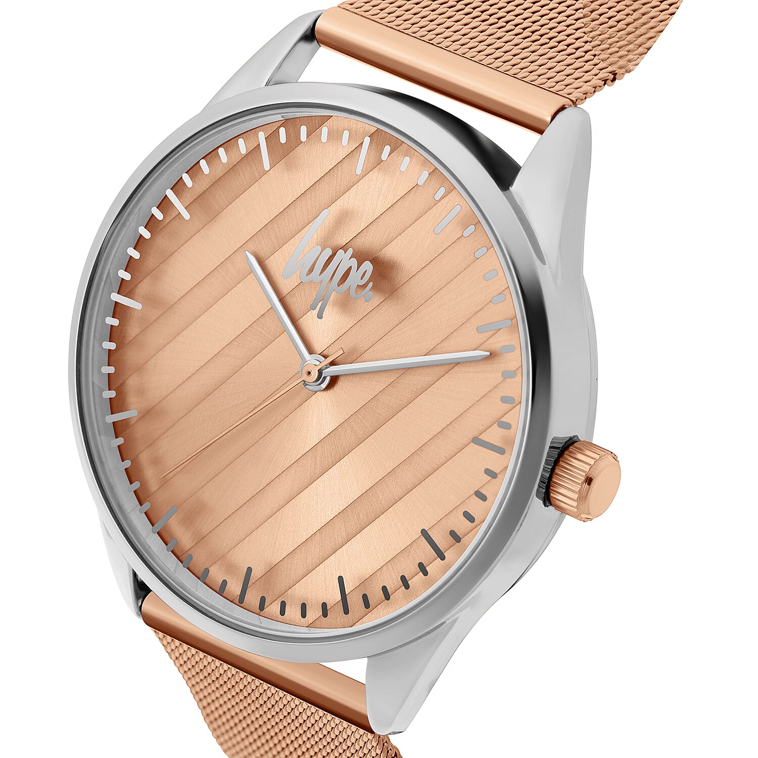 Hype Ladies Watch with Silver Case, Pale Rose Matte Mirror Dial and Rose Gold Mesh Strap