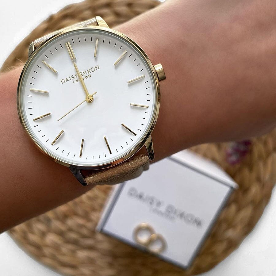 Daisy Dixon Harper Nude Metallic Strap With Overside Gold Case & White Dial Ladies Watch