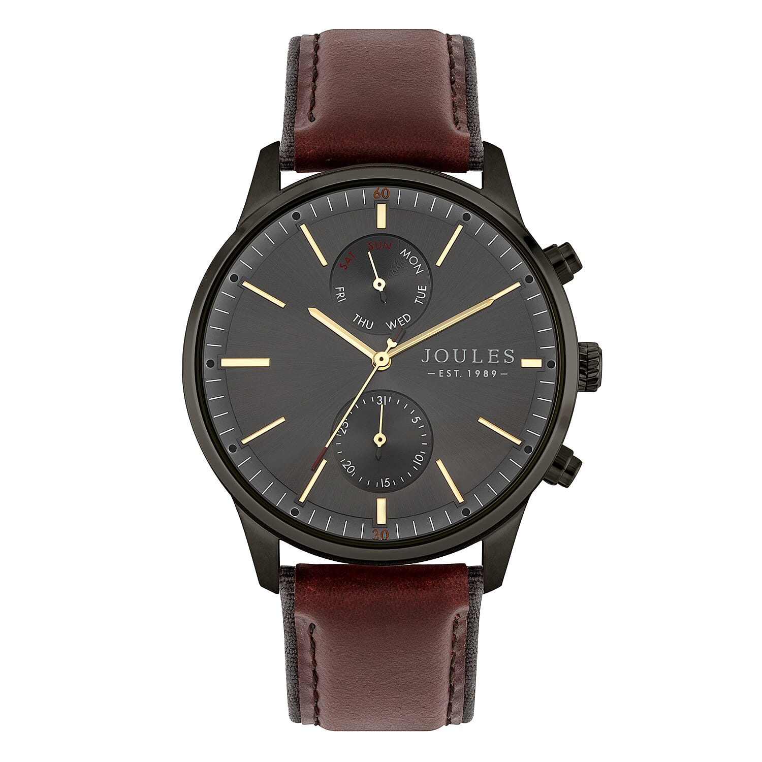 Joules Gents Watch with Brushed Gun Sunray Dial and Brown Strap