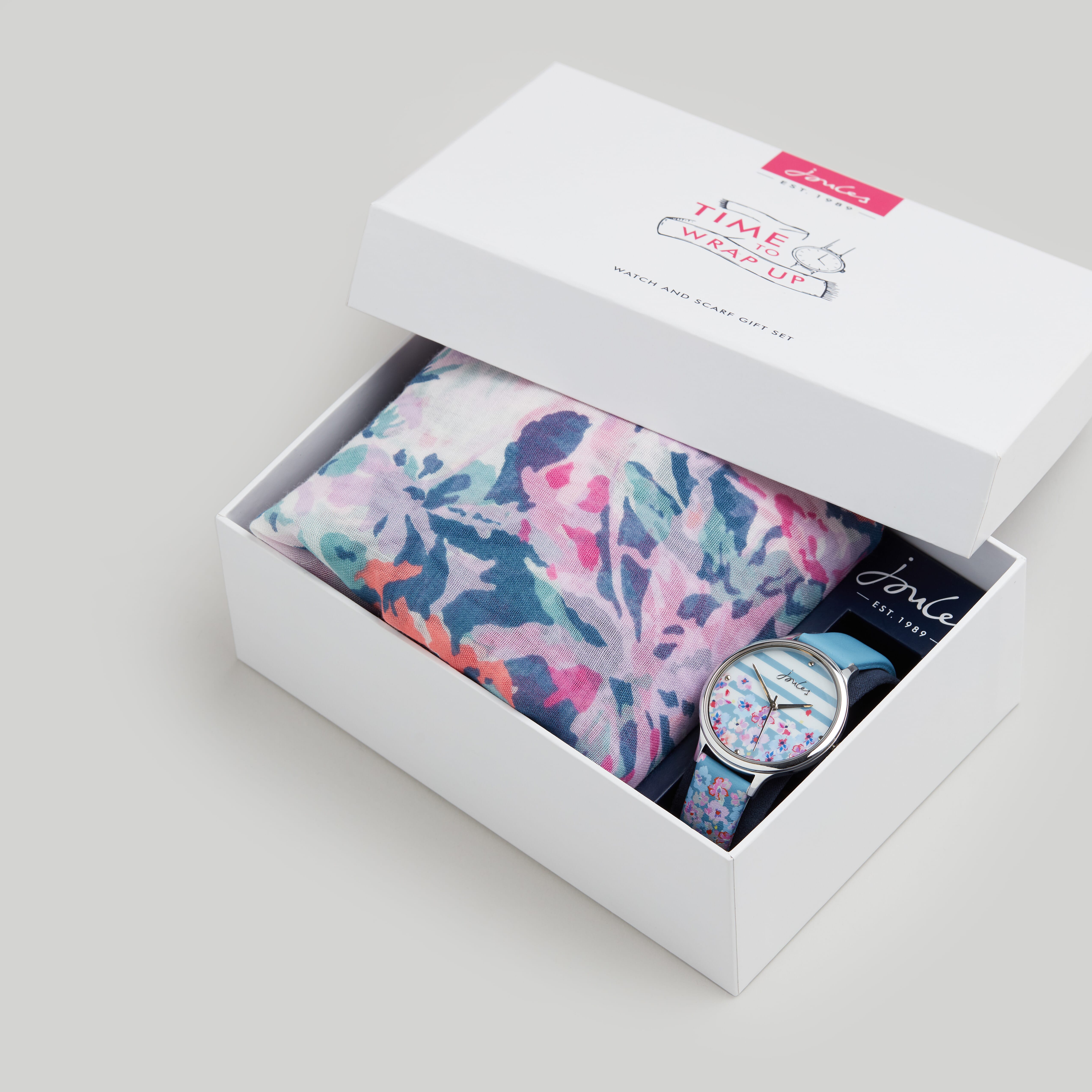 Joules Gift Set - Ladies Watch with Round Gloss Printed Dial and Blue Strap and Multi Colour Scarf (200x70cm)