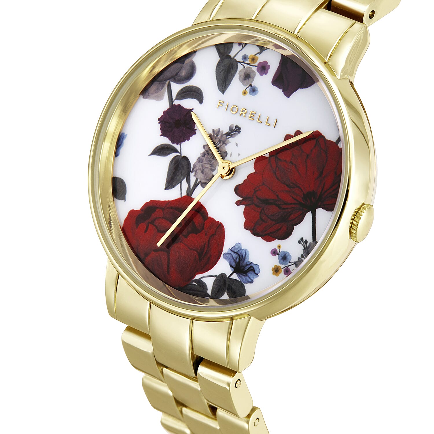 Fiorelli Ladies Watch with Round Red Floral Dial and Gold Tone Bracelet