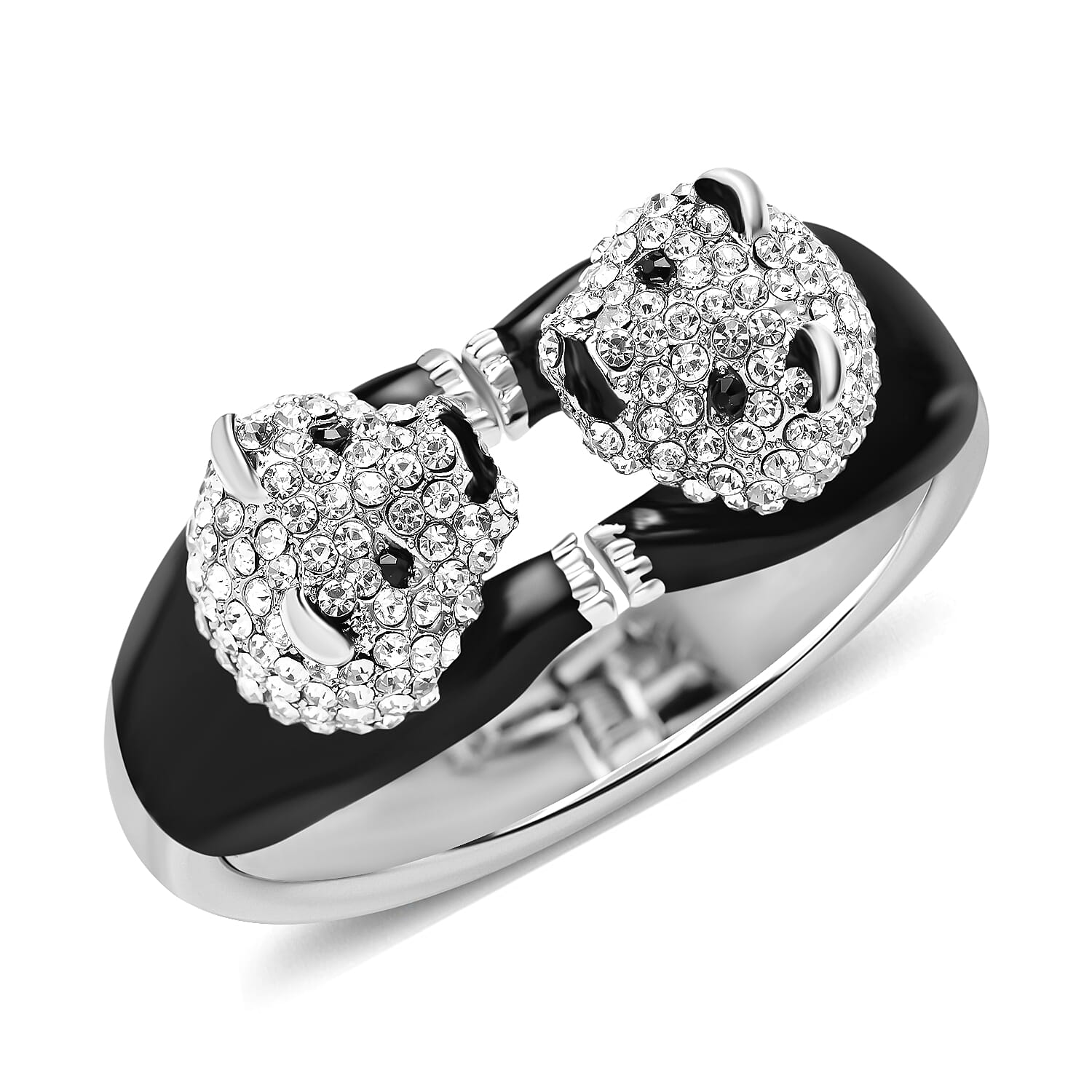 White & Black Austrian Crystal Panda Enamelled Bangle (Size 7) in Silver Tone