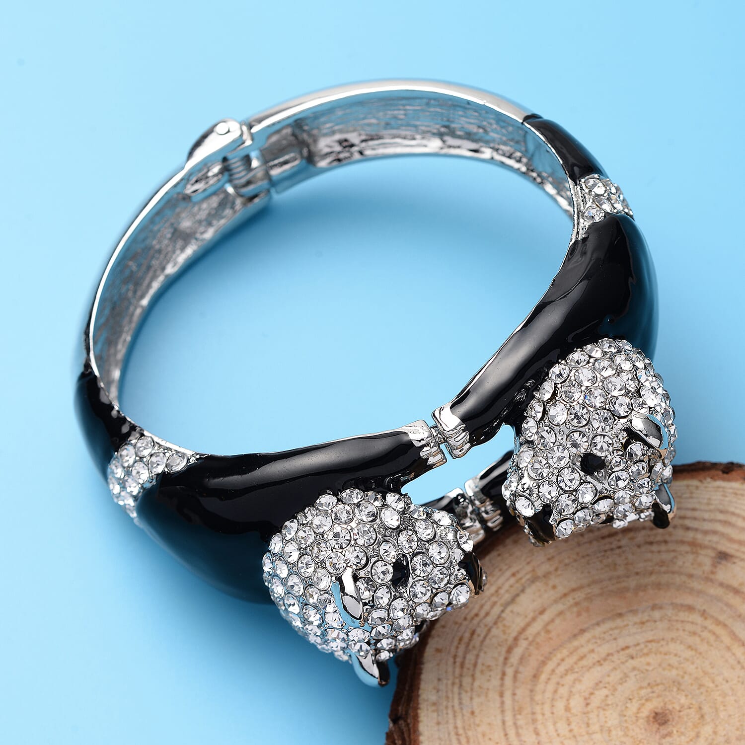 White & Black Austrian Crystal Panda Enamelled Bangle (Size 7) in Silver Tone