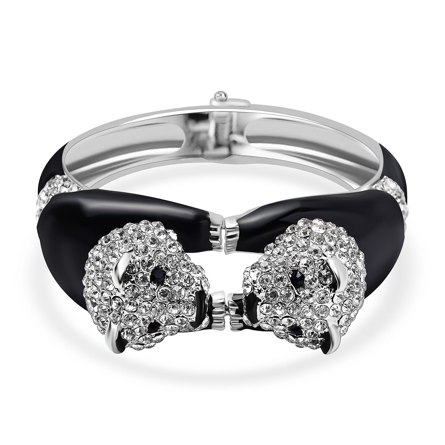 White & Black Austrian Crystal Panda Enamelled Bangle (Size 7) in Silver Tone