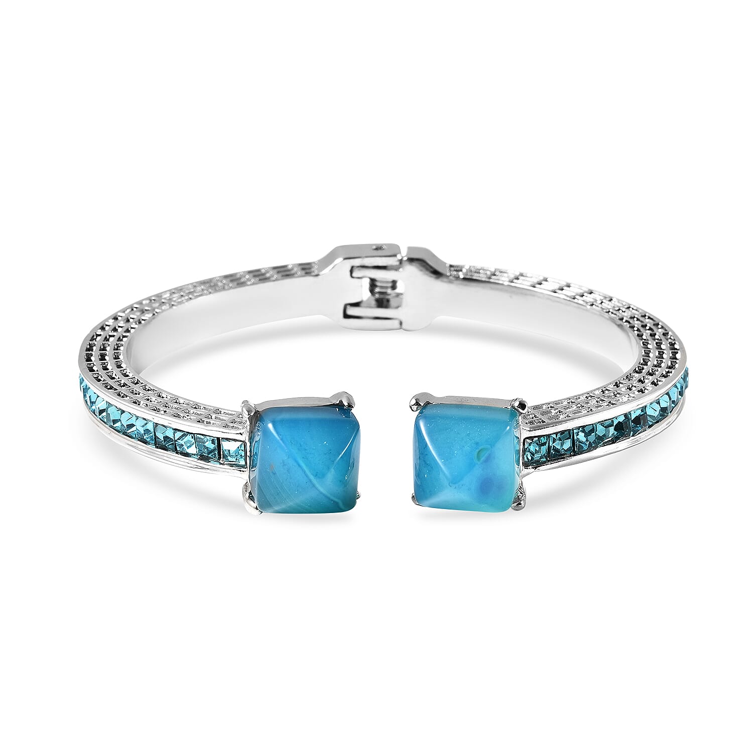 Blue Agate and Simulated Sky Blue Topaz Bangle (Size - 7.25) in Silver Tone 50.00 Ct.