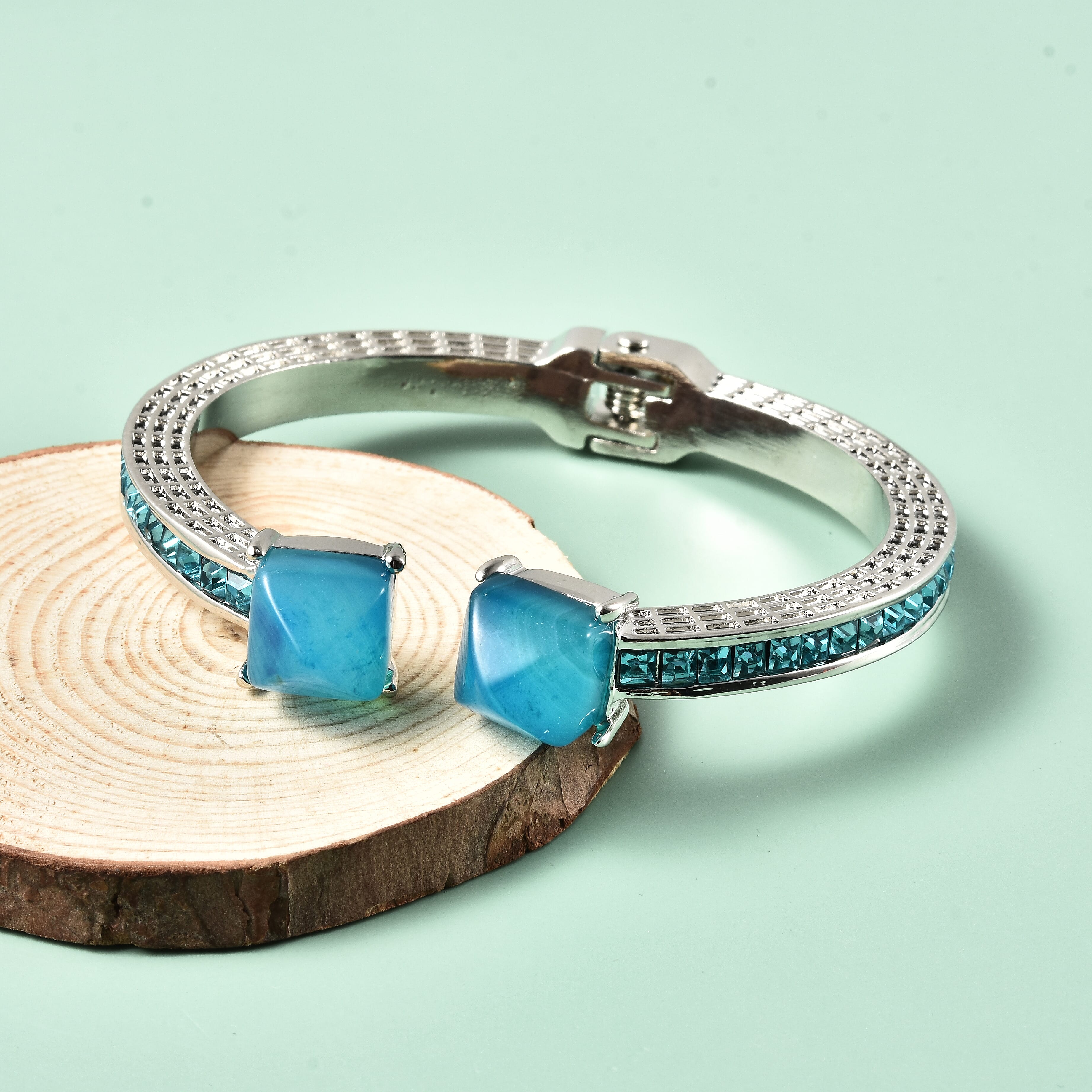 Blue Agate and Simulated Sky Blue Topaz Bangle (Size - 7.25) in Silver Tone 50.00 Ct.
