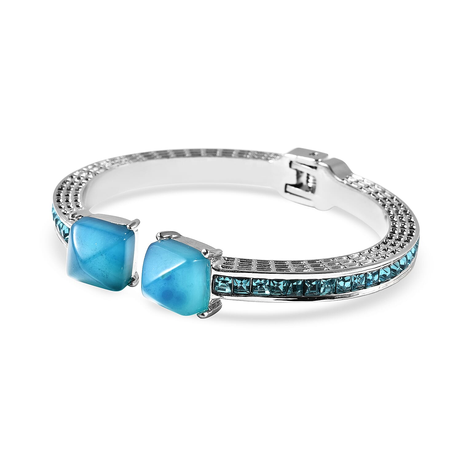 Blue Agate and Simulated Sky Blue Topaz Bangle (Size - 7.25) in Silver Tone 50.00 Ct.