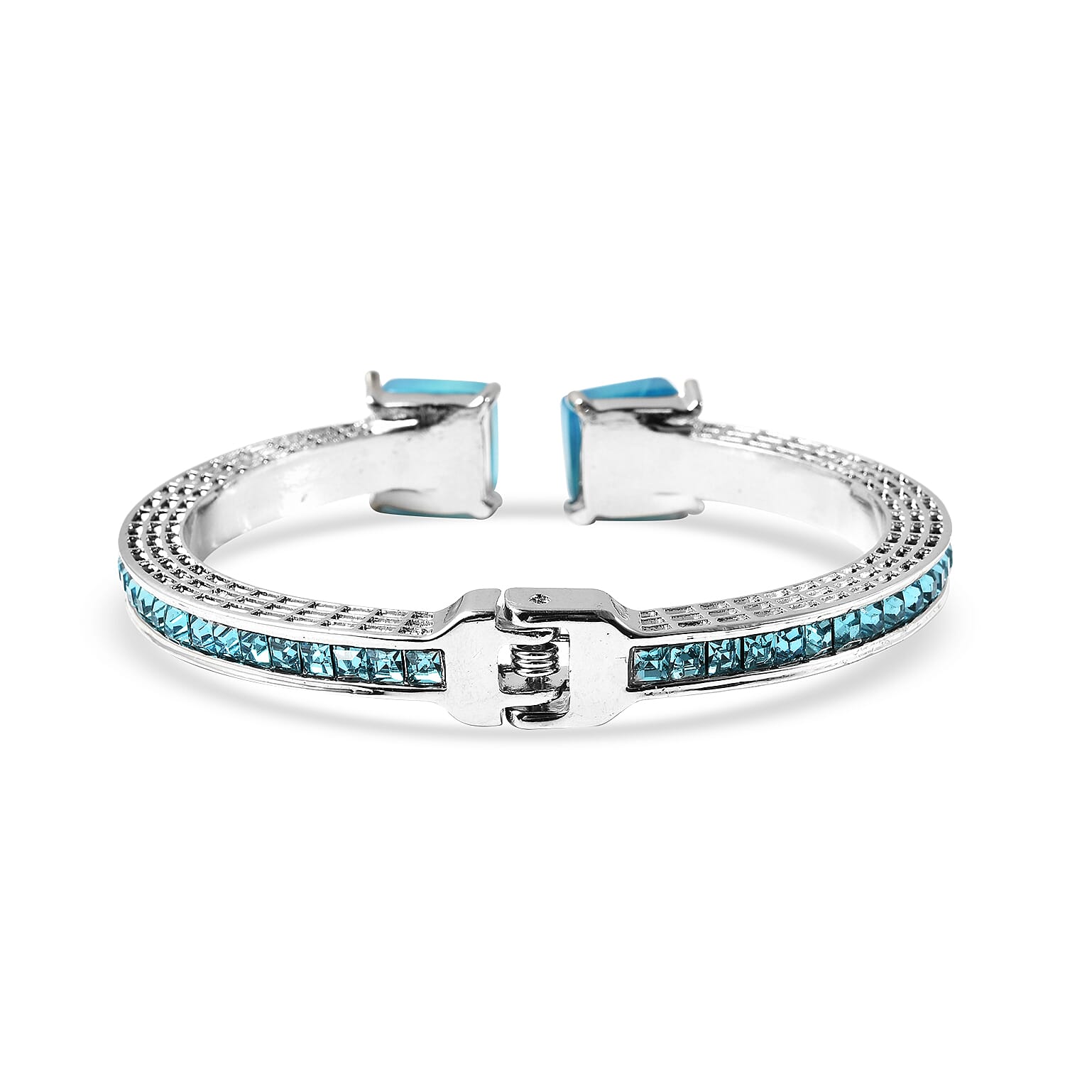Blue Agate and Simulated Sky Blue Topaz Bangle (Size - 7.25) in Silver Tone 50.00 Ct.