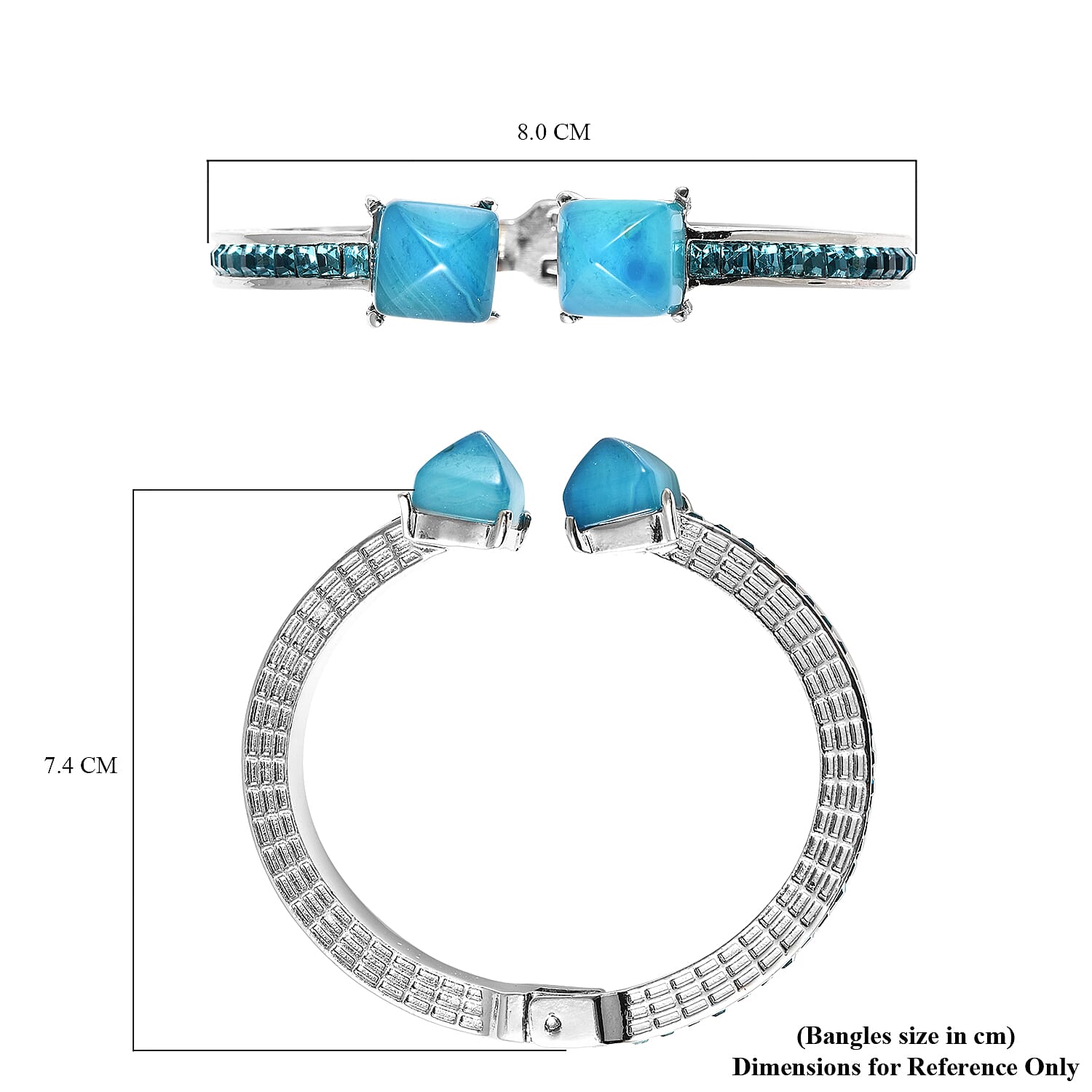 Blue Agate and Simulated Sky Blue Topaz Bangle (Size - 7.25) in Silver Tone 50.00 Ct.