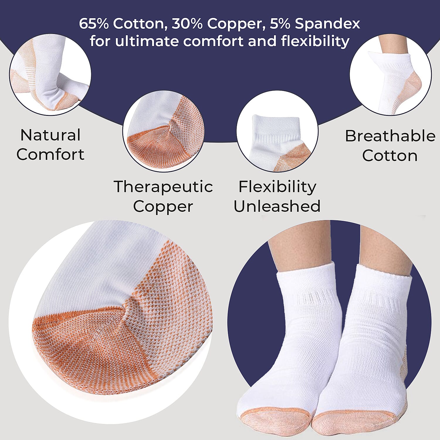 4 Pairs Antibacterial Copper Infused Compression Socks (Size L XL, 9-13) - White and Brown