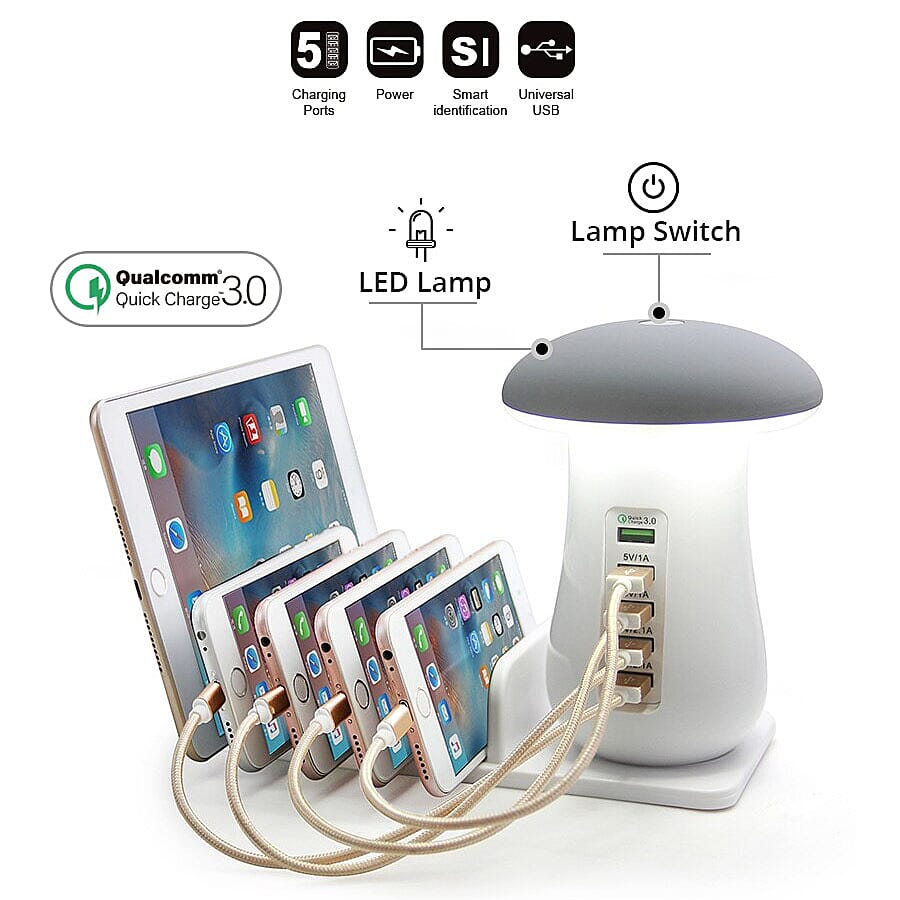 Multipurpose Mushroom Shaped Night Light with 5 Charging Ports (Size 21x9cm) - White