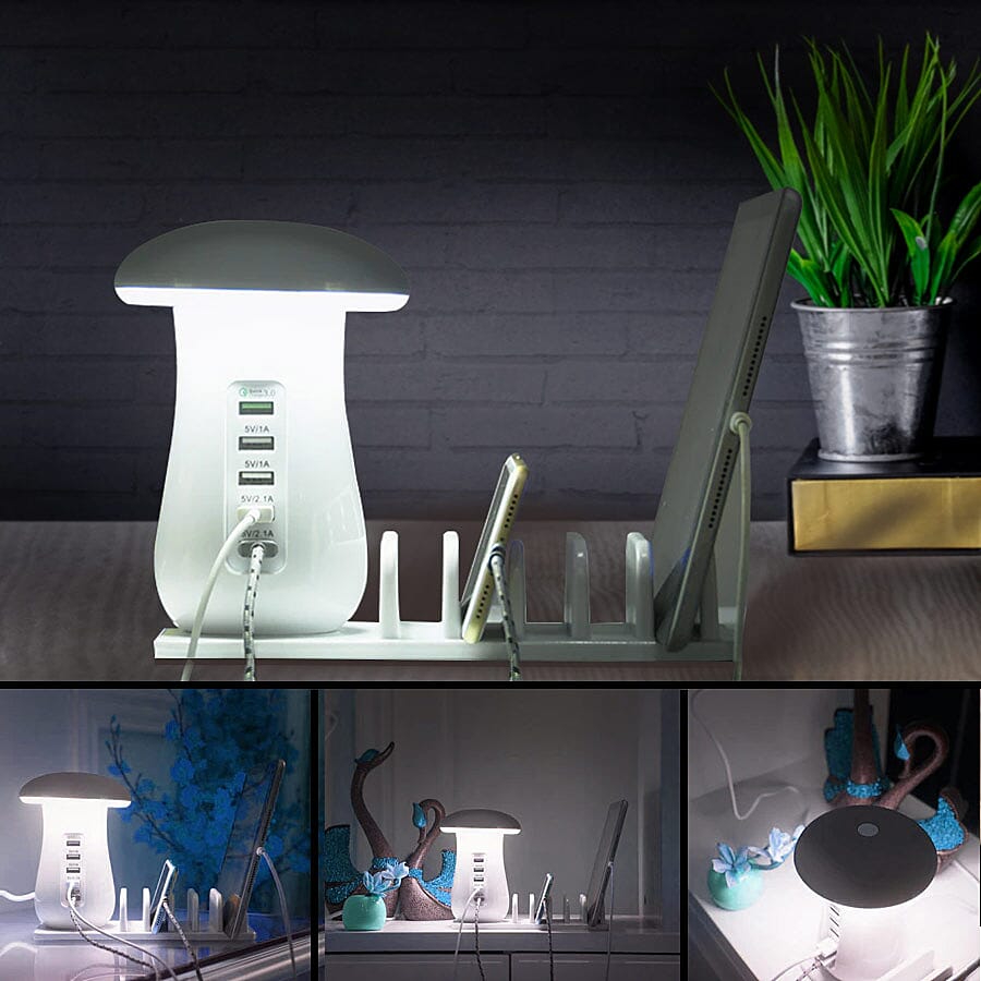 Multipurpose Mushroom Shaped Night Light with 5 Charging Ports (Size 21x9cm) - White