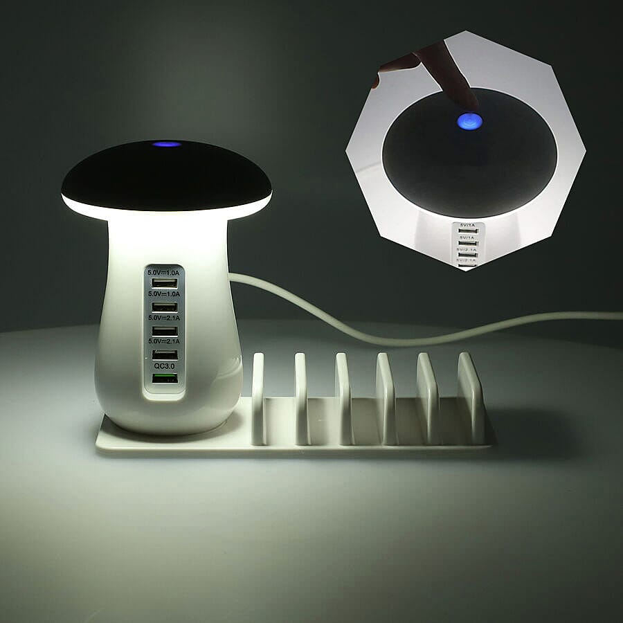 Multipurpose Mushroom Shaped Night Light with 5 Charging Ports (Size 21x9cm) - White