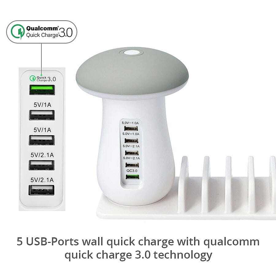 Multipurpose Mushroom Shaped Night Light with 5 Charging Ports (Size 21x9cm) - White
