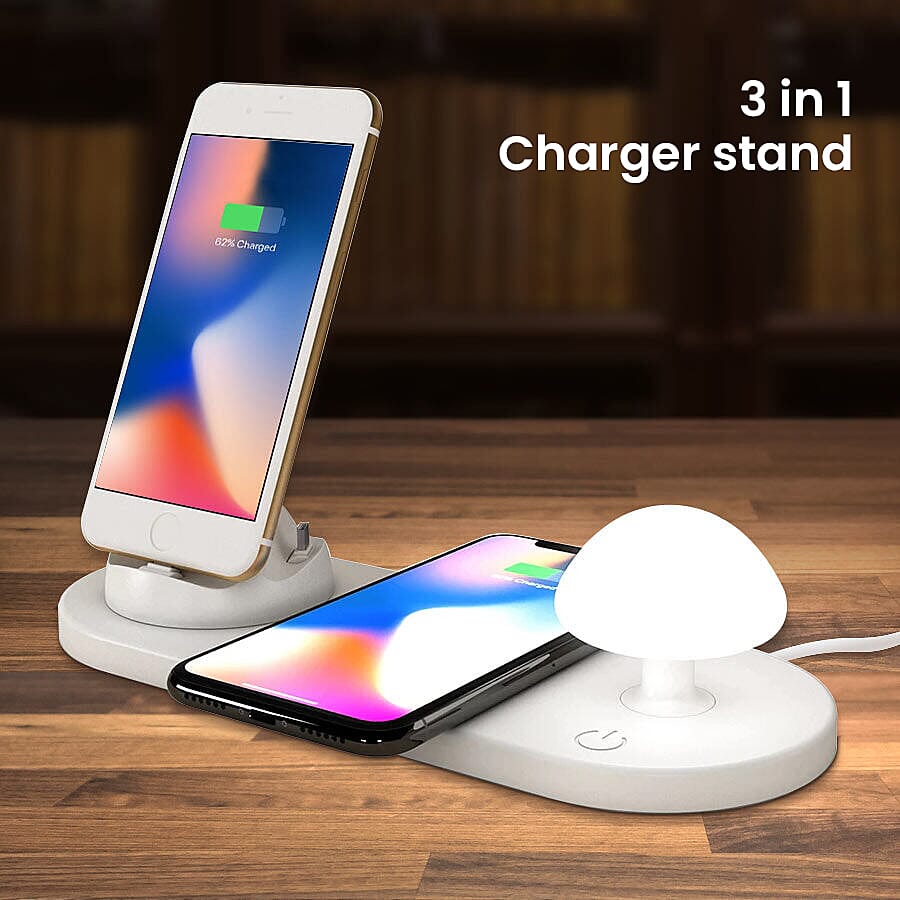 New Arrival- Multi 3 in 1 USB Charger with Wireless Charging Dock Station and Mushroom Light (Size 23x9x6 cm) - White
