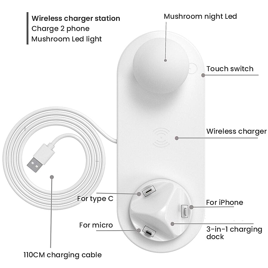 New Arrival- Multi 3 in 1 USB Charger with Wireless Charging Dock Station and Mushroom Light (Size 23x9x6 cm) - White