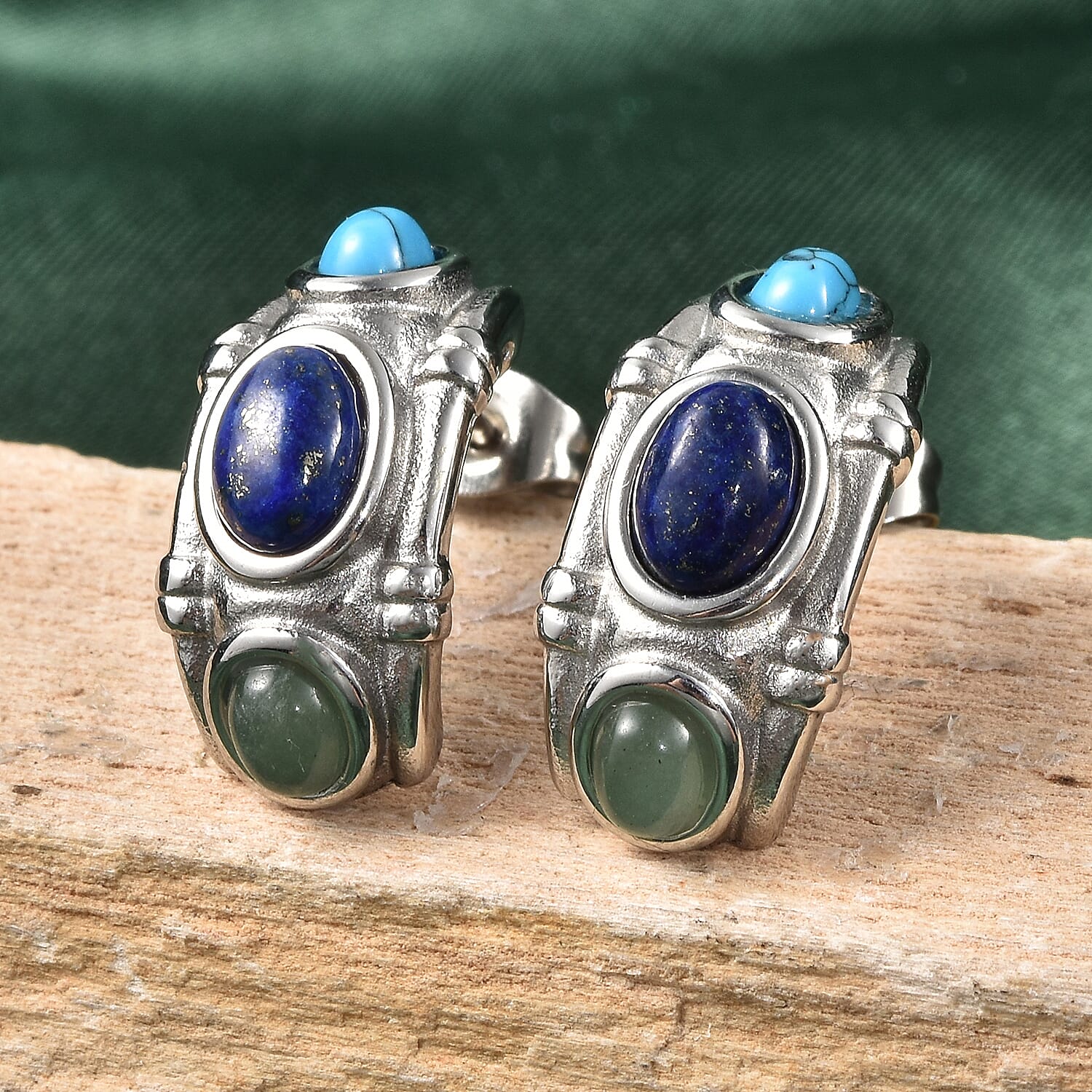 Lapis Lazuli, Green Aventurine & Blue Howlite Earrings With Push Back 2.90 Ct.