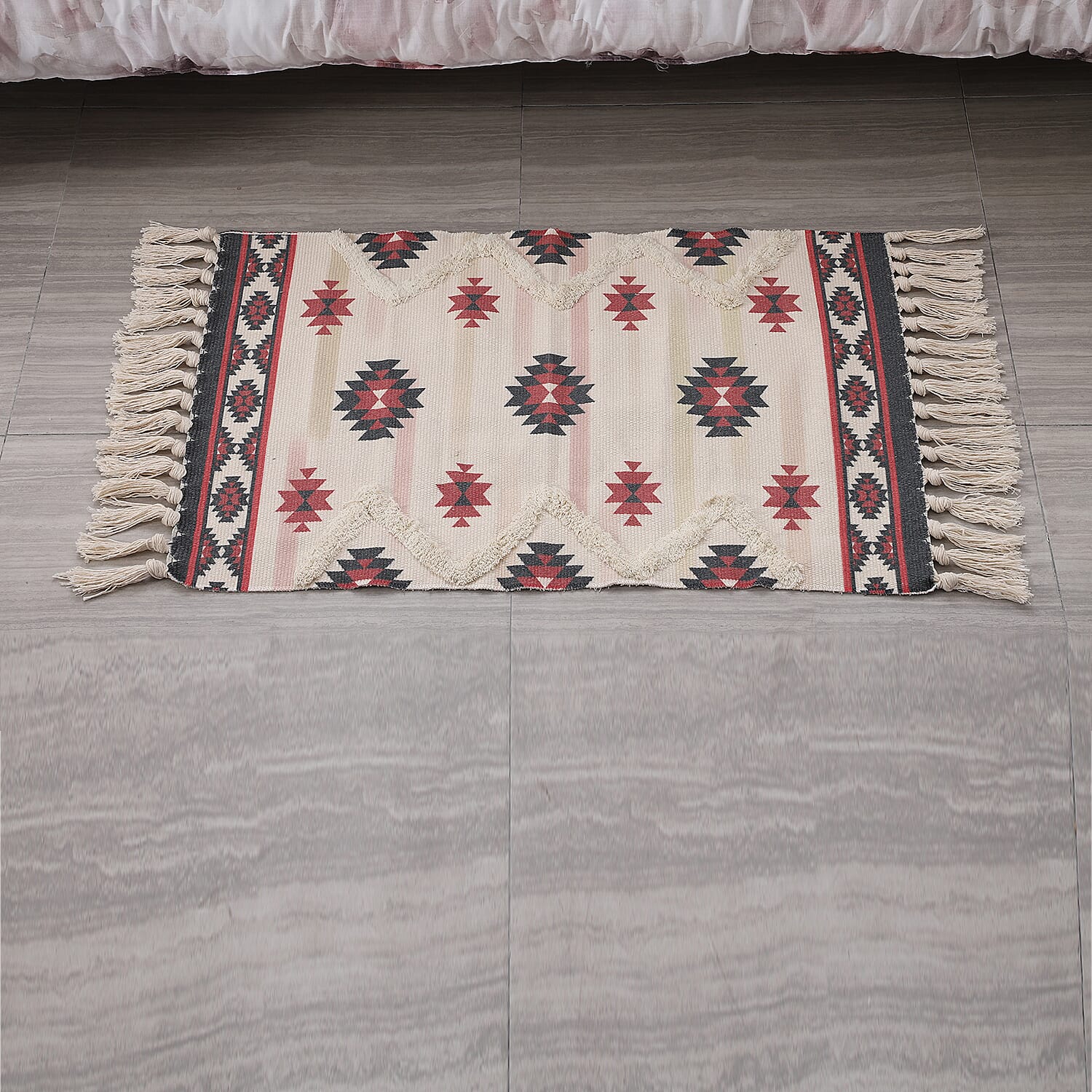 TJC Turkish Pattern Outdoor Tufted Rug with Tassel (Size 90x57cm) - Cream & Multi