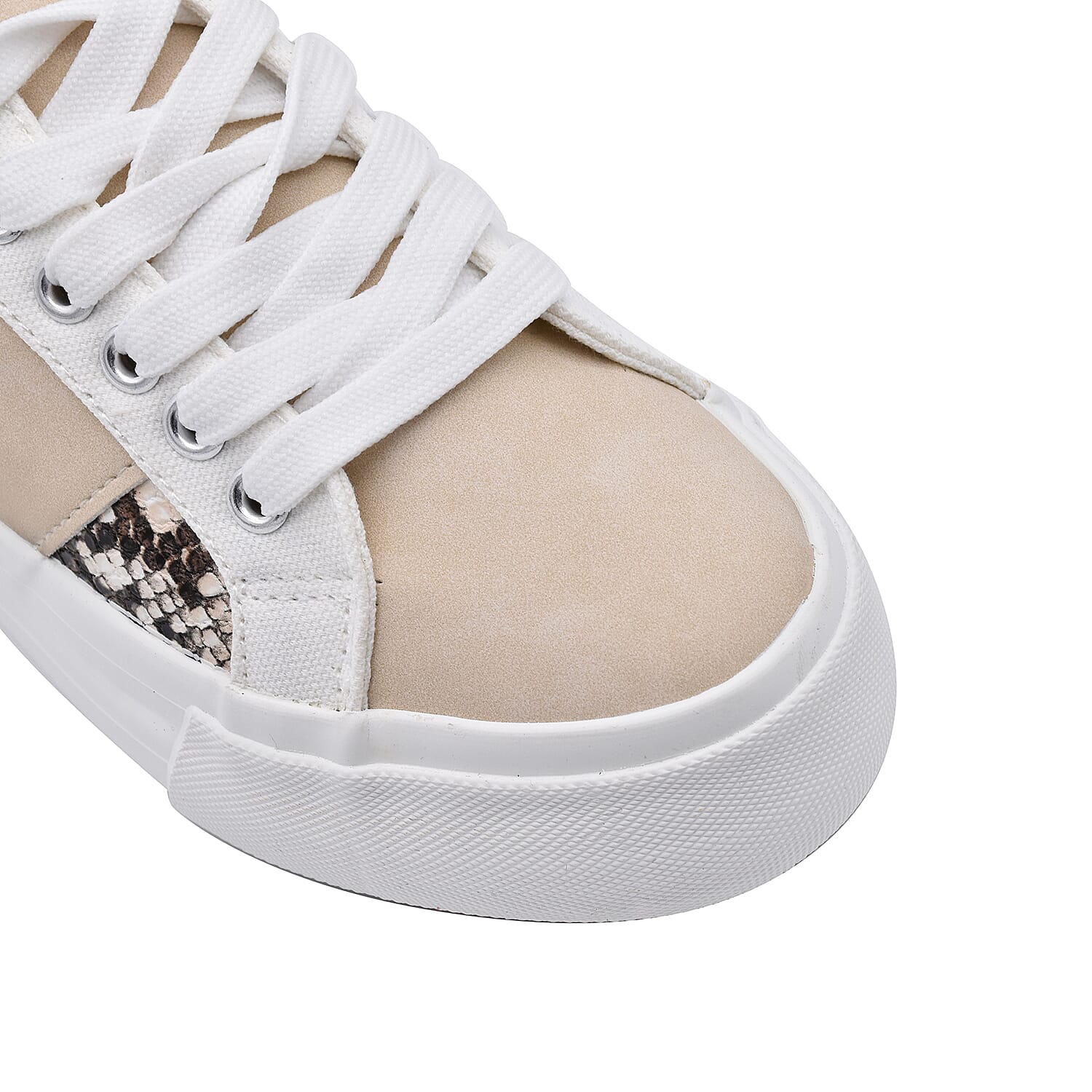 White and Beige Canvas Trainers with Snake Pattern Details (Size 4)