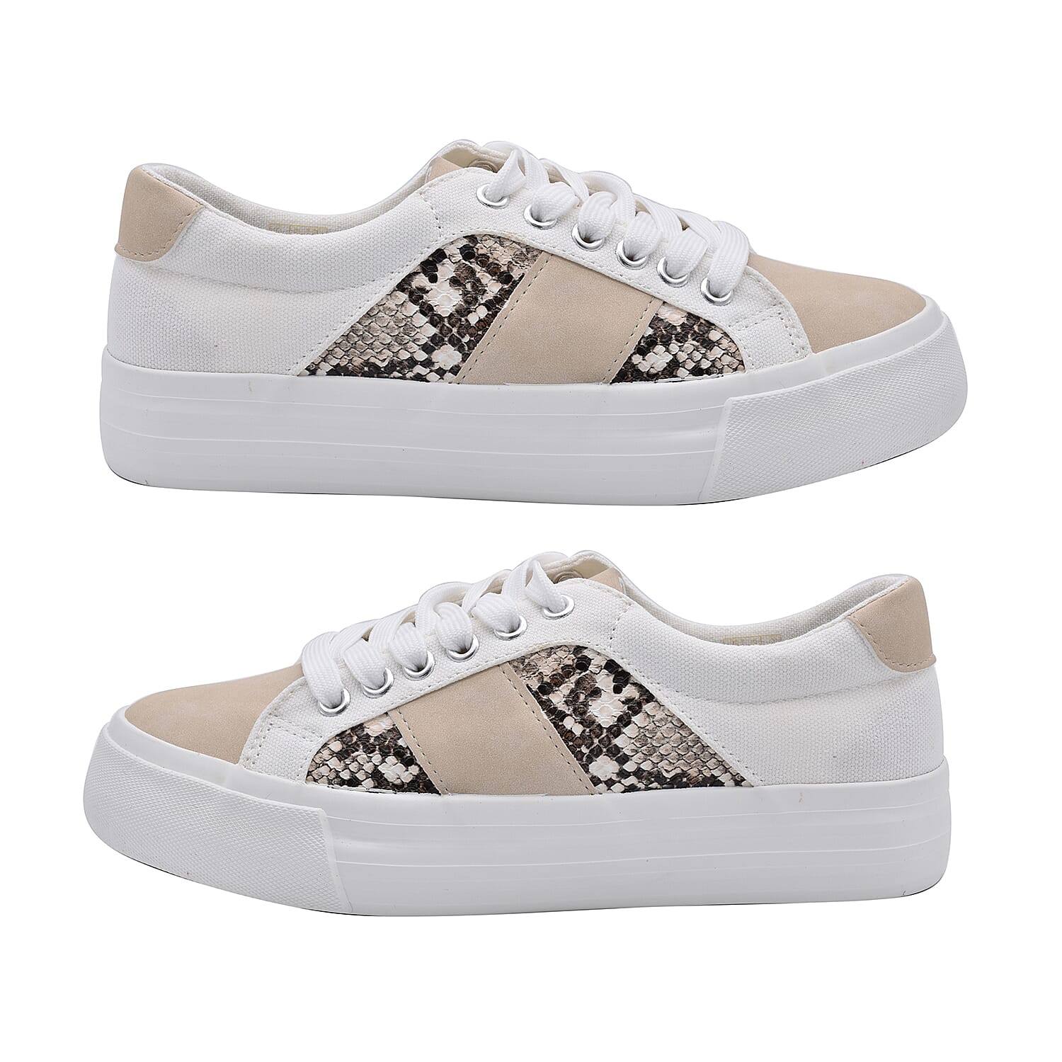 White and Beige Canvas Trainers with Snake Pattern Details (Size 4)