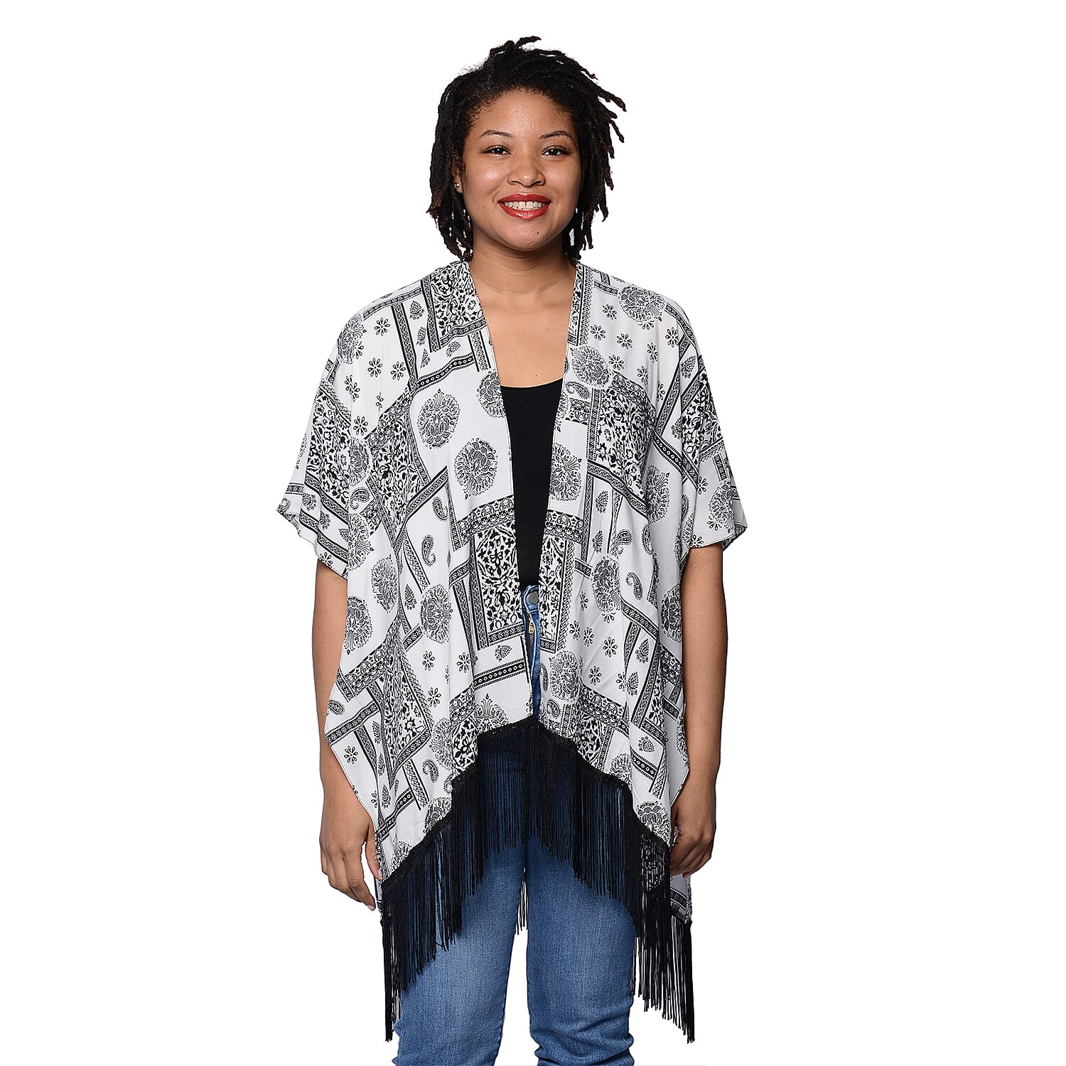 Printed Kimono with Tassel in Black and White (Size 90x70+15cm)