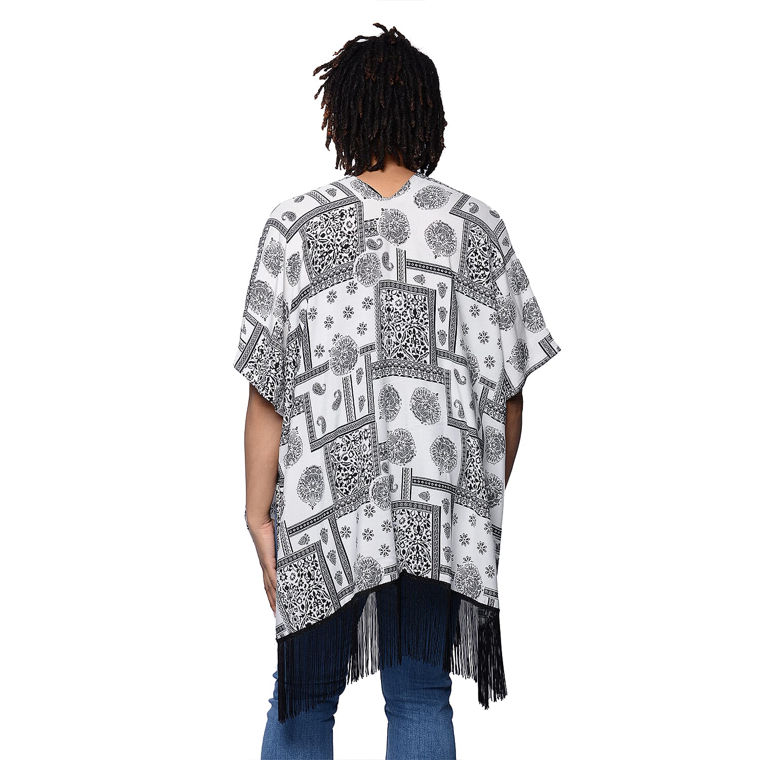 Printed Kimono with Tassel in Black and White (Size 90x70+15cm)