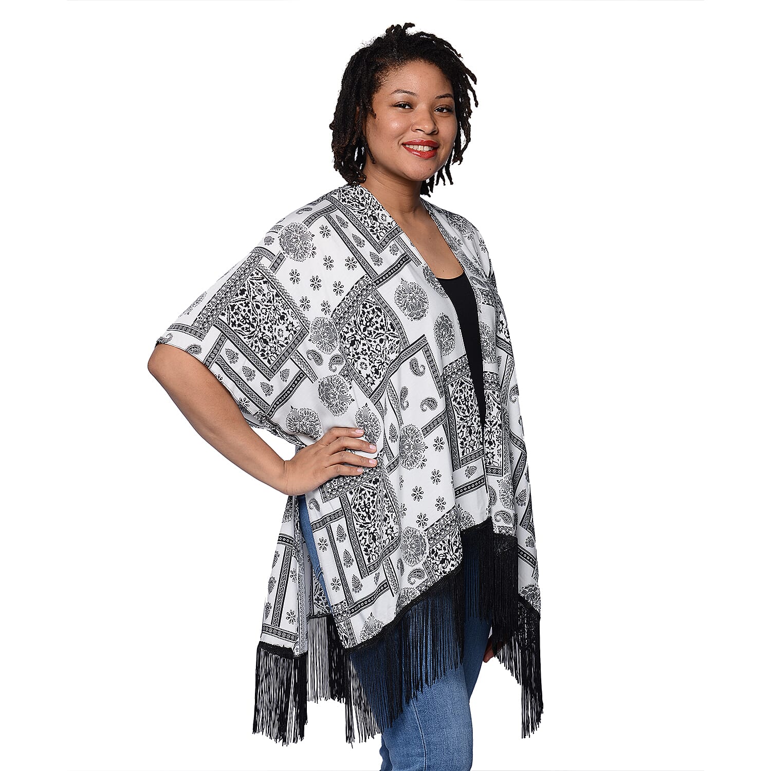 Printed Kimono with Tassel in Black and White (Size 90x70+15cm)