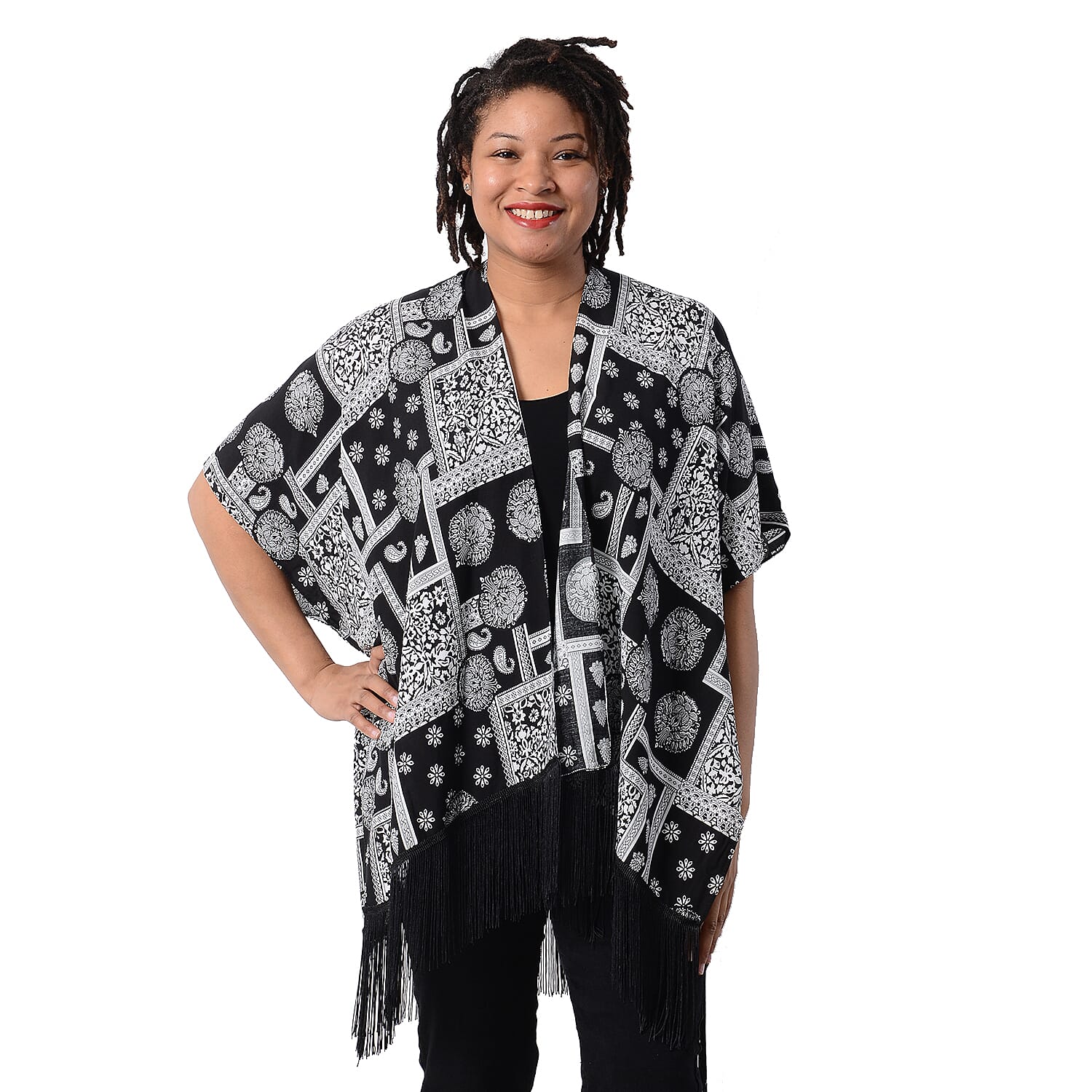 Printed Kimono with Tassel in Black (Size 90x70+15cm)