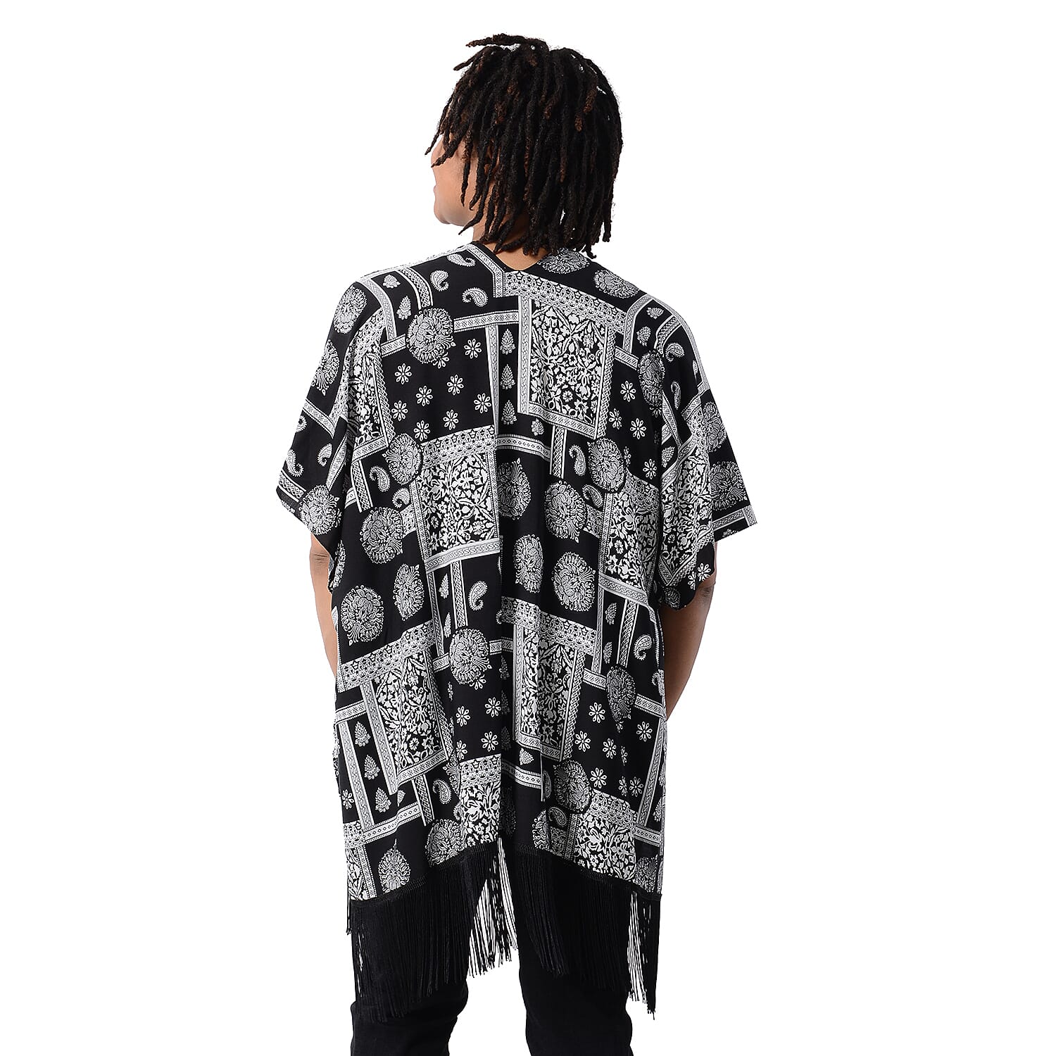 Printed Kimono with Tassel in Black (Size 90x70+15cm)