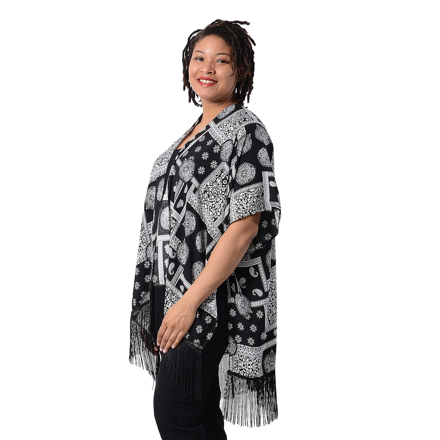 Printed Kimono with Tassel in Black (Size 90x70+15cm)