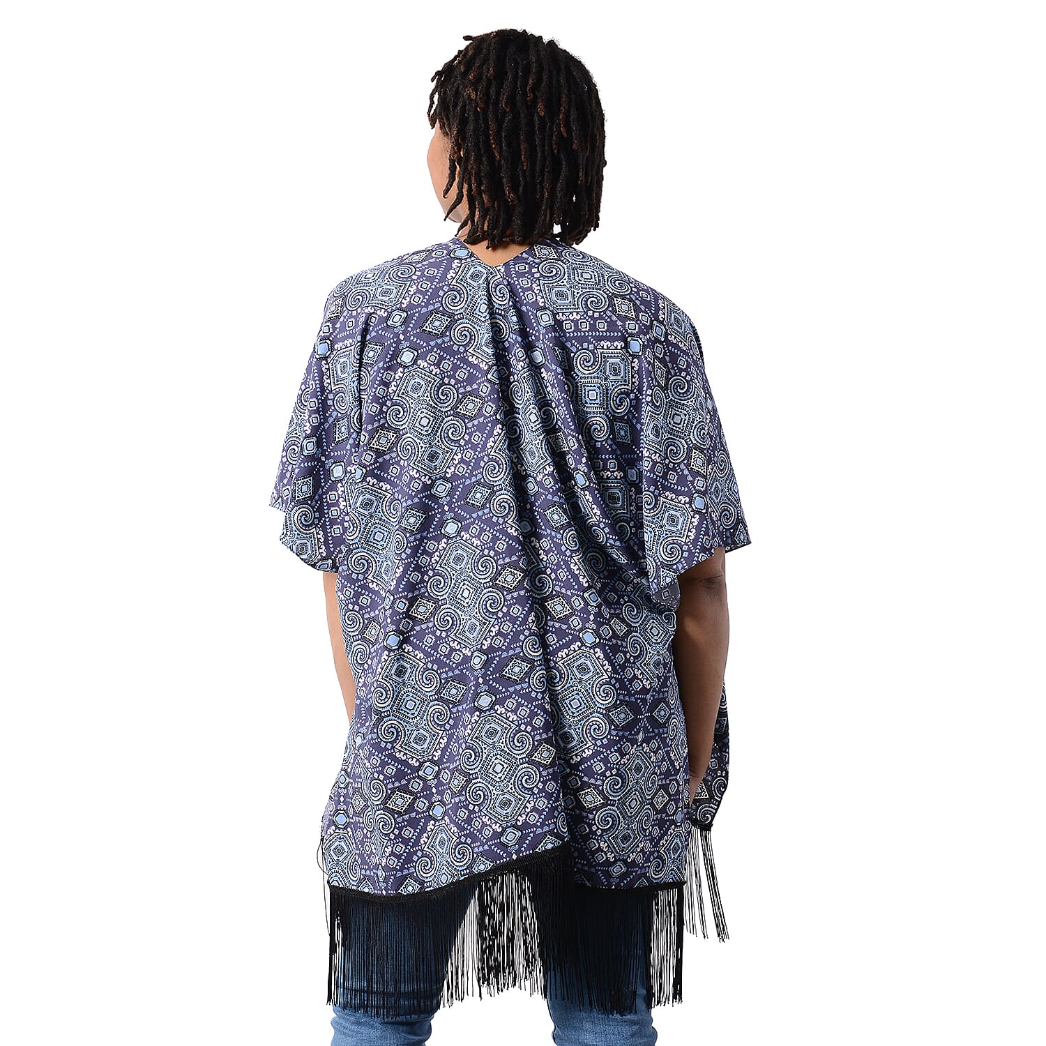Printed Kimono with Tassel in Blue