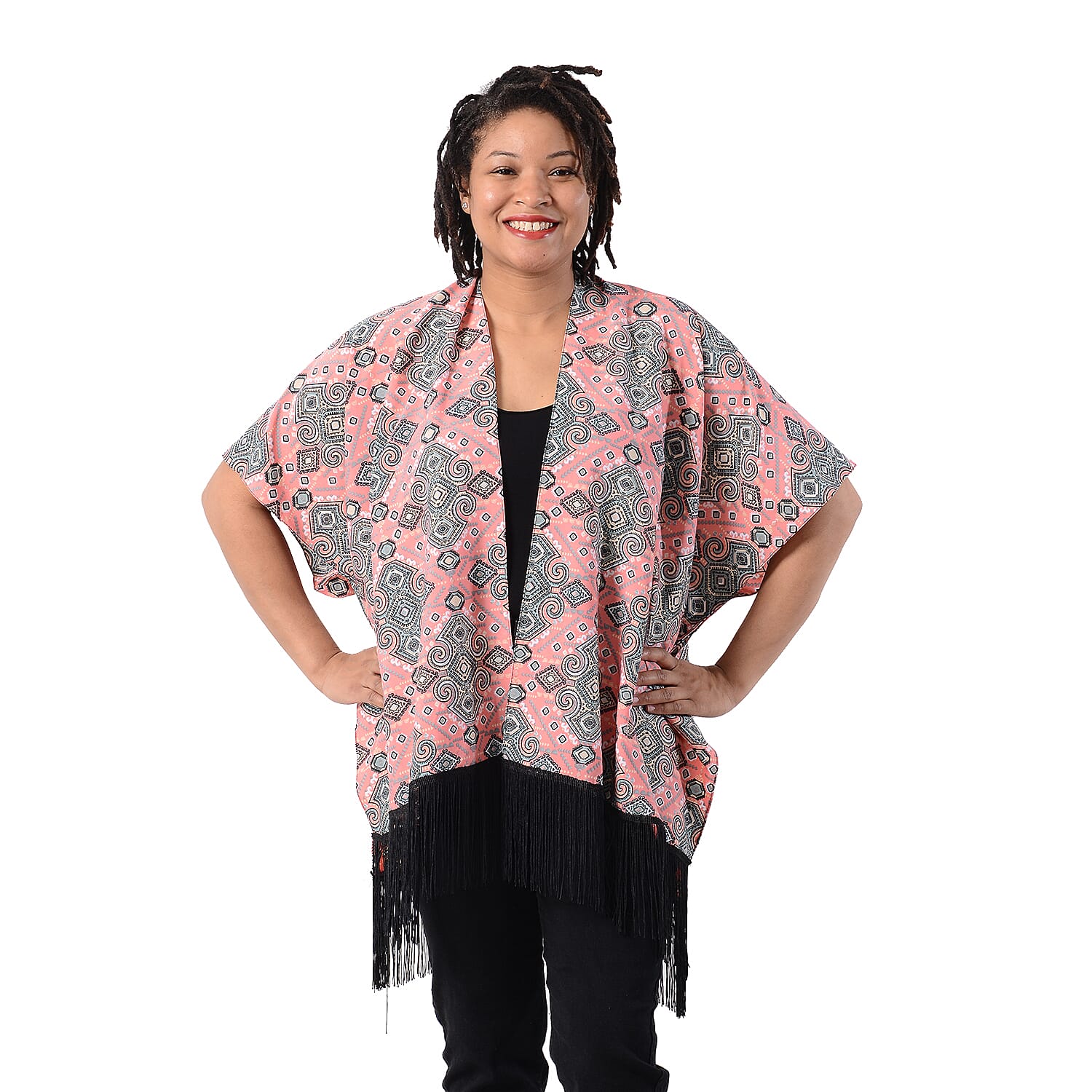 Printed Kimono with Tassel in Pink (Size 90x70+15cm)