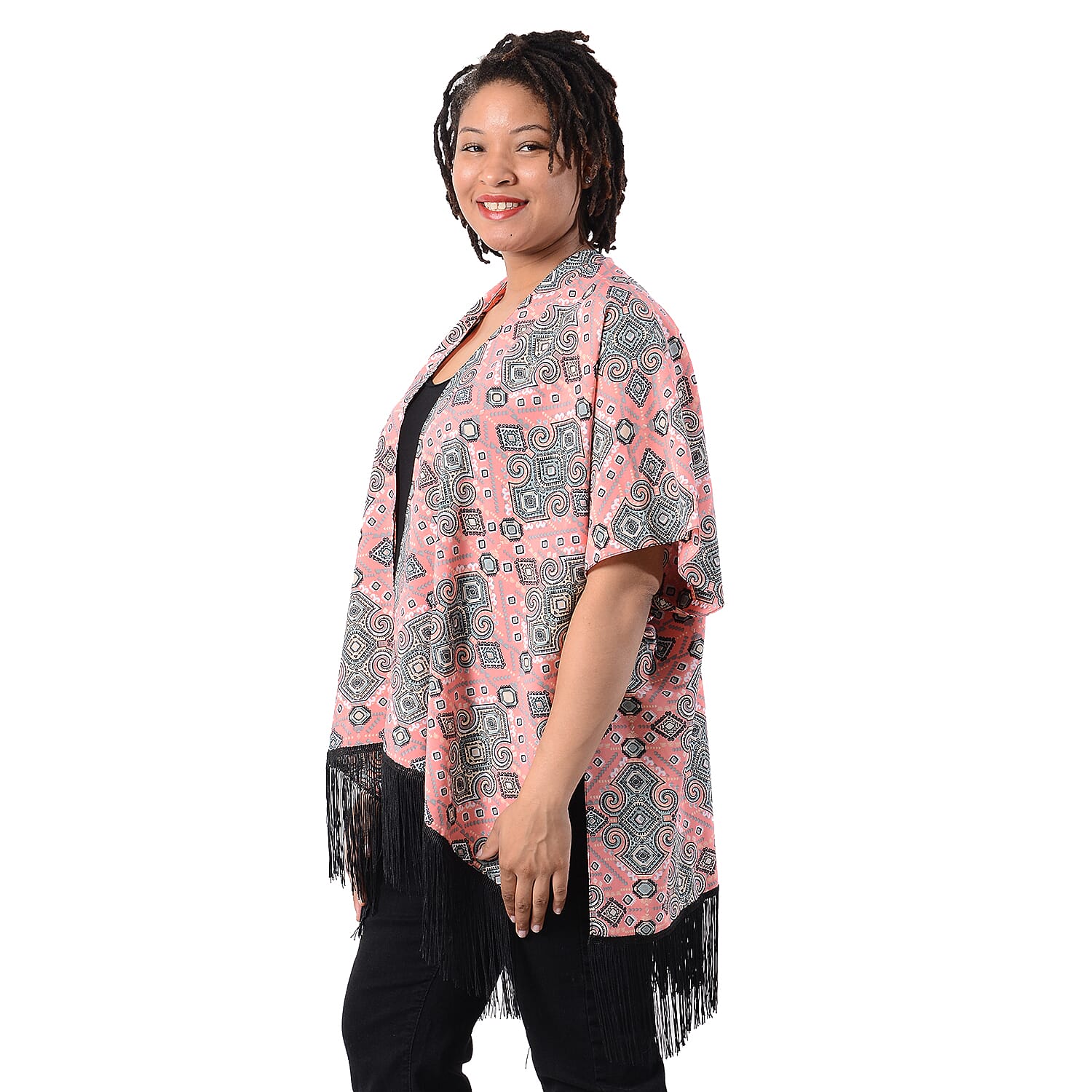 Printed Kimono with Tassel in Pink (Size 90x70+15cm)