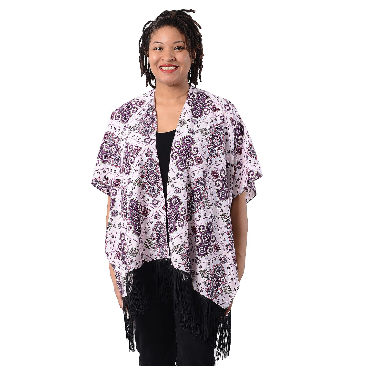 Printed Kimono with Tassel in Purple (Size 90x70+15cm)